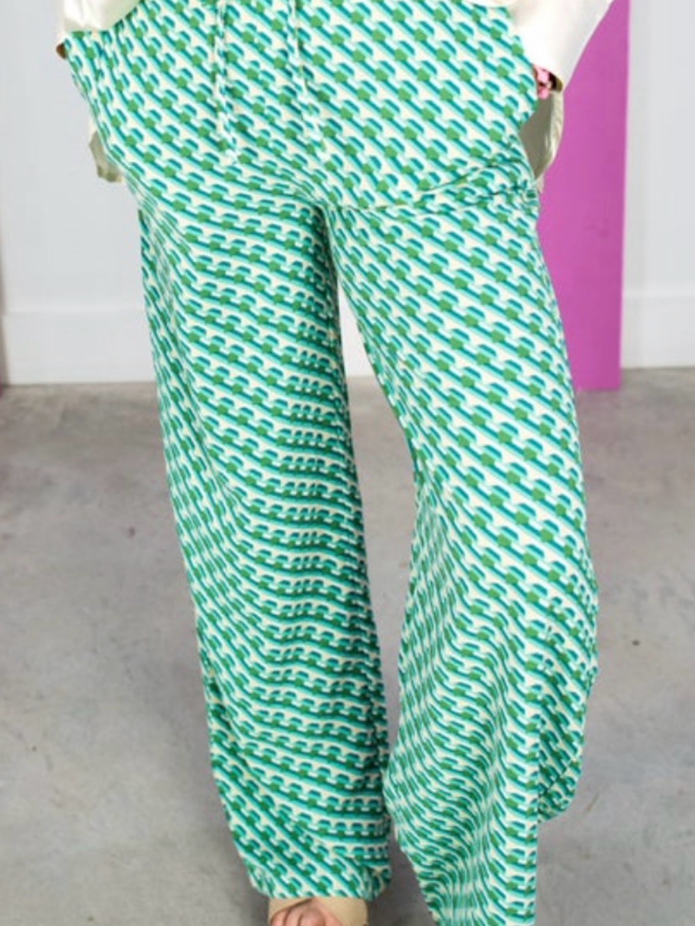 ENTRO Green Patterned Wide Leg Pants